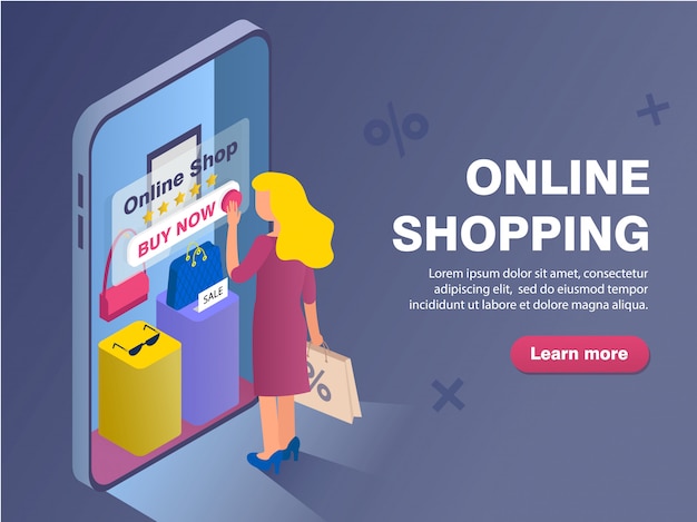 Modelo de banner com mulher às compras na loja online