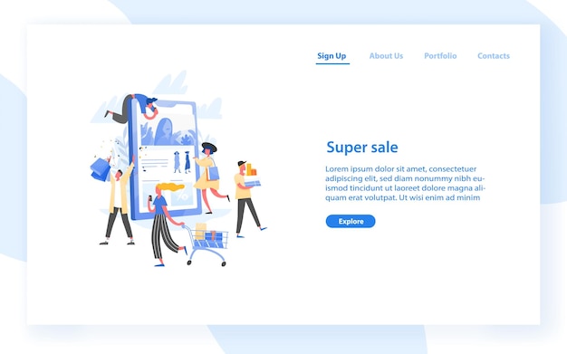 Modelo de banner da Web com grupo de clientes loucos, compradores ou viciados em compras carregando carrinhos de compras, bolsas e caixas e tablet PC gigante. Super promoção da loja online. Ilustração em vetor plana para o site.