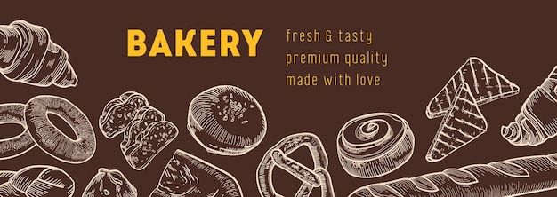 Vetor modelo de banner da web com pães saborosos e produtos recém-assados desenhados à mão com linhas de contorno
