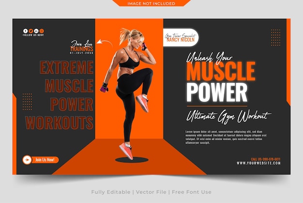 modelo de banner da web de força muscular de ginásio e fitness