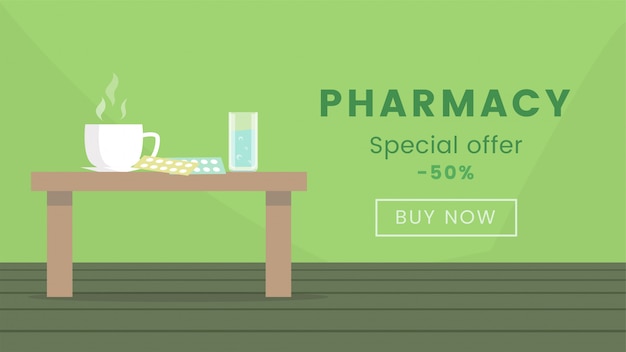 Modelo de banner da web de loja de farmácia. venda de produtos farmacêuticos, desconto de 50% oferece conceito de cartaz de publicidade. suprimentos médicos, medicamentos ilustração plana com tipografia