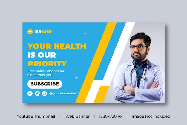 Modelo de banner da web de saúde médica e miniatura de vídeo Design de banner de promoção editável