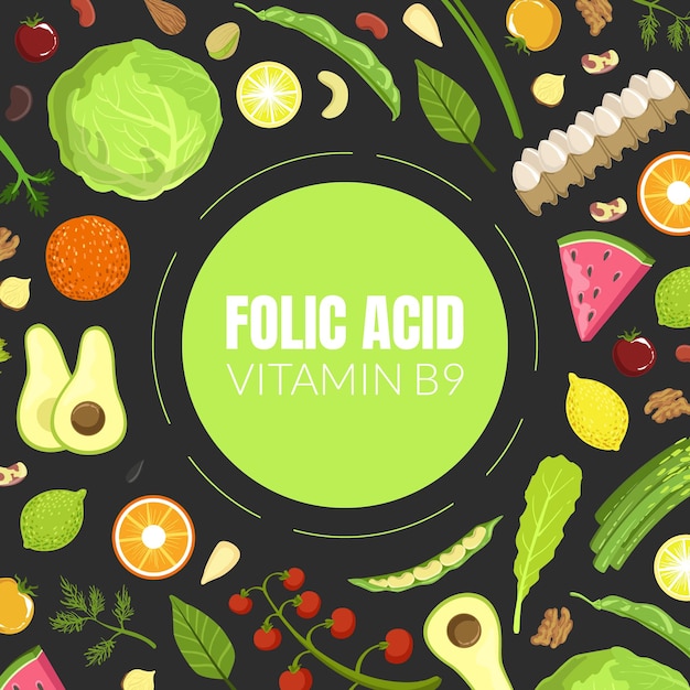Vetor modelo de banner de ácido fólico ilustração do vetor de produtos alimentares saudáveis vitamínicos que contêm ácido fólico