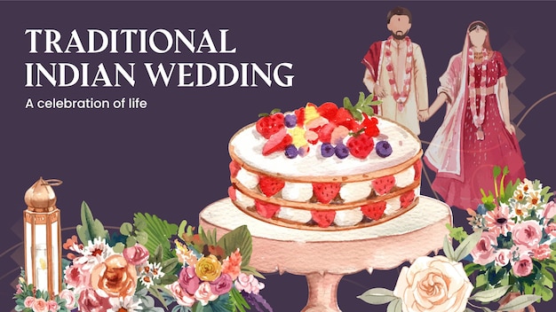 Modelo de banner de blog com conceito de casamento indiano estilo aquarela