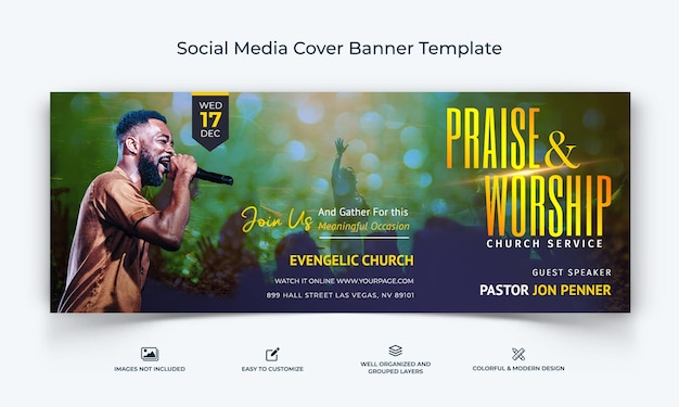 Vetor modelo de banner de capa de facebook de mídia social de discurso motivacional da igreja vetor premium