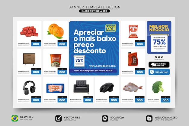 Vetor modelo de banner de catálogo de produtos em português brasileiro