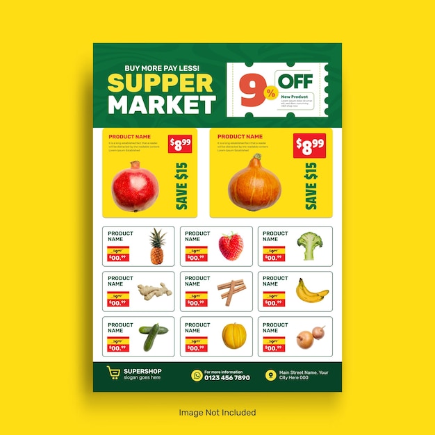 Modelo de banner de catálogo de venda de produtos de supermercado e folheto de venda de alimentos