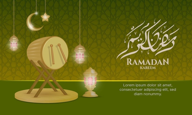 Modelo de banner de celebração do ramadã kareem com bedugs e fundo de decorações de padrão islâmico