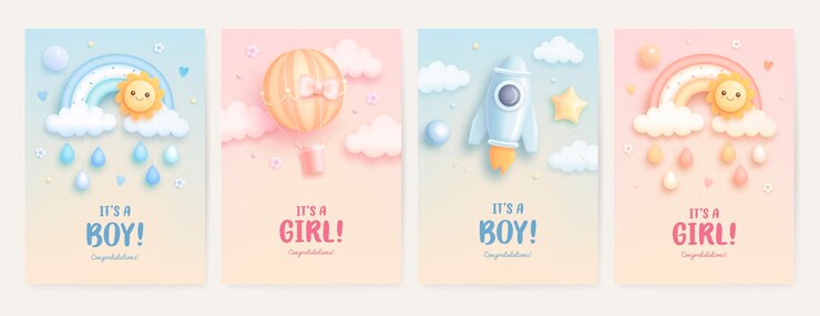Vetor modelo de banner de chá de bebê vetorial para menino e menina com letras