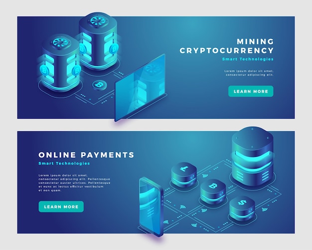 Modelo de banner de conceito de criptomoeda de mineração e pagamentos online