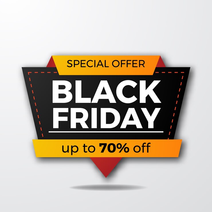 Vetor modelo de banner de desconto de oferta de venda de crachá preto moderno