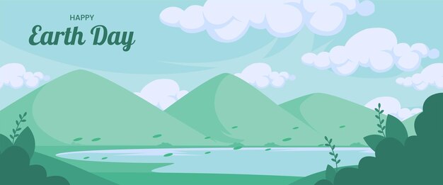 Modelo de banner de dia feliz da terra com ilustração vetorial de natureza verde com céu azul