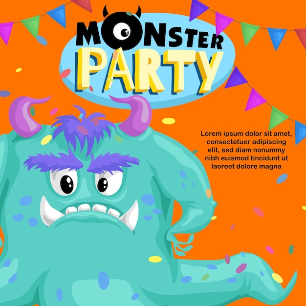 Vetor modelo de banner de festa de monstro com monstros engraçados feliz aniversário saudação ou modelo de design de convite para aniversário em estilo cartoon ilustração vetorial