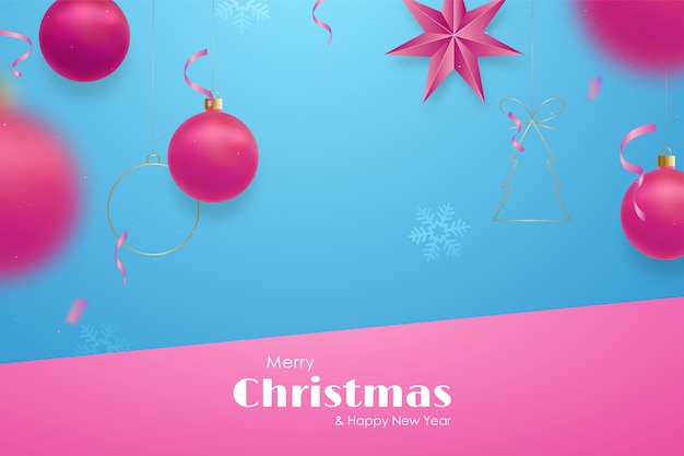 Vetor modelo de banner de festa de natal com bolas cor-de-rosa em fundo azul copiar espaço para o seu texto