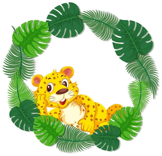 Vetor modelo de banner de folhas verdes redondas com um personagem de desenho animado de leopardo