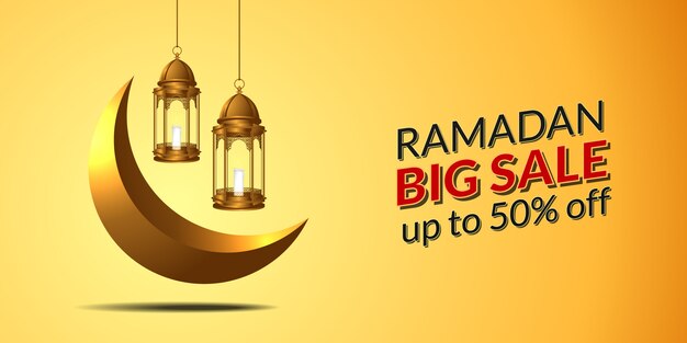 Modelo de banner de grande venda para ramadan kareem com lanterna de suspensão dourada 3D e mês crescente.