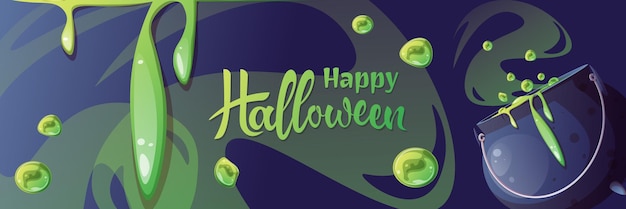 Modelo de banner de halloween com caldeirão de bruxa e poção ocultismo de bruxaria mágica