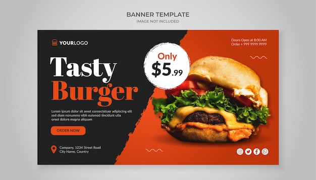 Modelo de banner de hambúrguer saboroso para restaurante fast food
