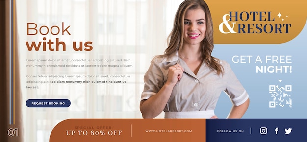 Modelo de banner de hotel de design plano com foto