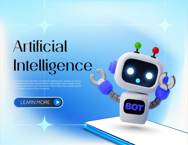 Modelo de banner de inteligência artificial com um robô bonito flutuando em um smartphone ai serviço de chatbot