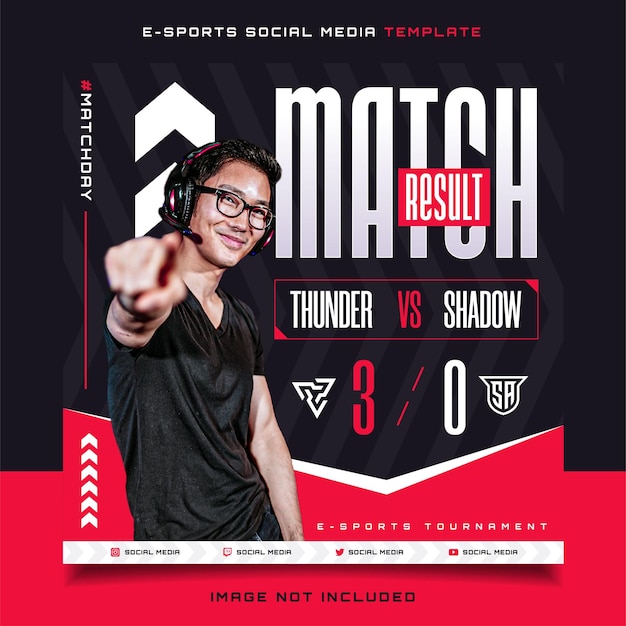 Modelo de banner de jogo de e-sports de resultado da partida para postagem de mídia social