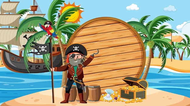 Modelo de banner de madeira vazio com o capitão pirata na cena diurna da praia