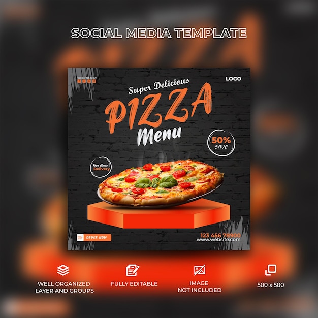 Vetor modelo de banner de mídia social de menu de comida de pizza super delicioso