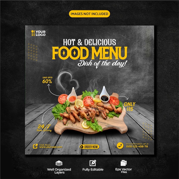 Modelo de banner de mídia social de menu de hambúrguer e comida delicioso e banner de mídia social de restaurante