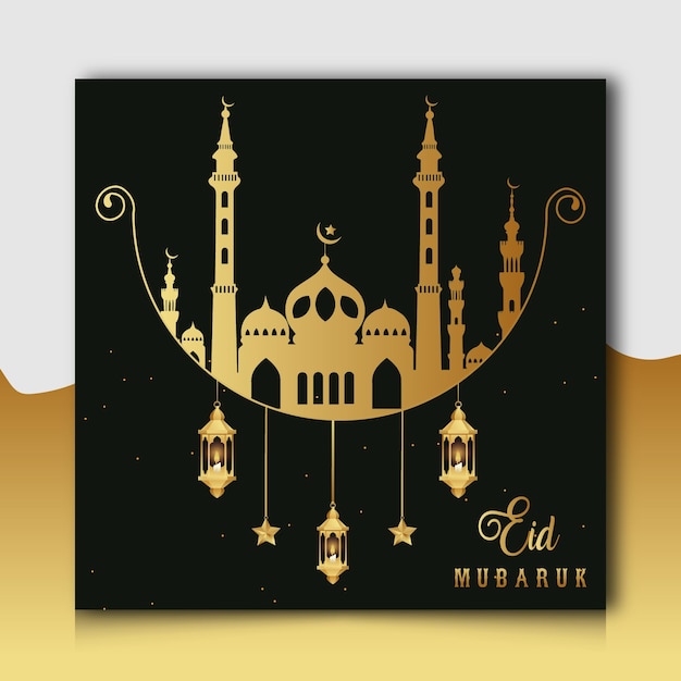 Vetor modelo de banner de mídia social do festival islâmico eid al adha mubarak com mesquita dourada e lanternas