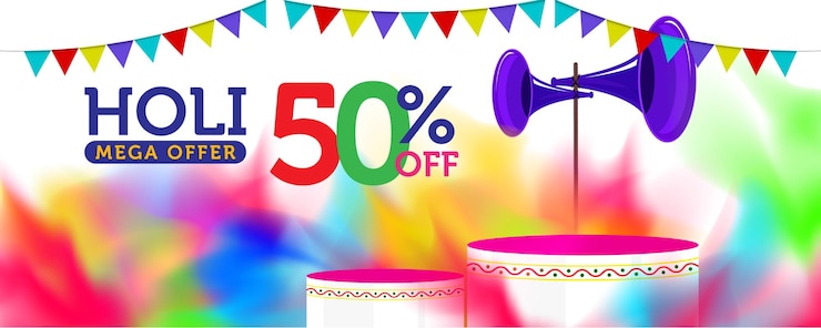 Vetor modelo de banner de oferta de venda holi com pódio de produto entre explosão de cores e alto-falante e bunt