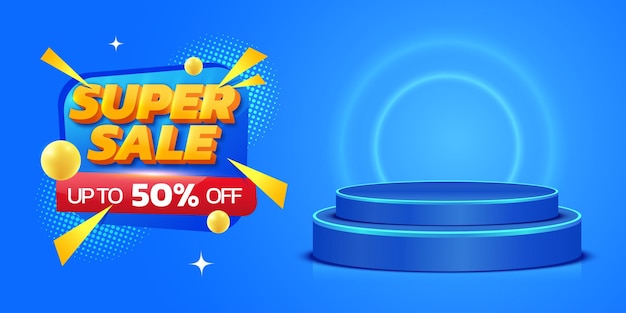 Modelo de banner de oferta especial de super venda azul com fundo com pódio
