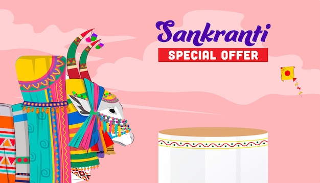 Vetor modelo de banner de oferta especial do festival sankranti com pódio de produtos e elementos festivos como tradi