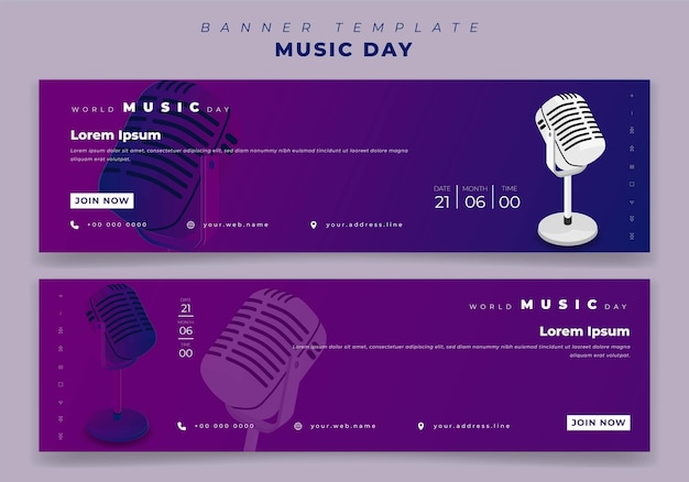 Modelo de banner de paisagem para o dia mundial da música em fundo roxo com design de microfone