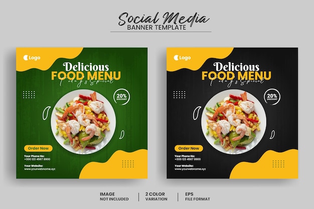 Vetor modelo de banner de postagem de mídia social de menu de comida deliciosa e modelo de promoção do instagram
