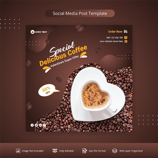 Modelo de banner de postagem de mídia social de oferta de café delicioso especial dos namorados