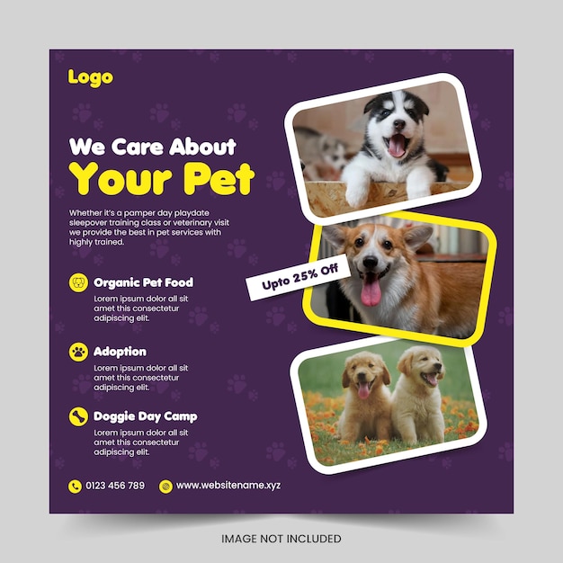 Modelo de banner de postagem de mídia social de promoção de loja de animais ou capa de mídia social de cuidados com animais de estimação e banner da web