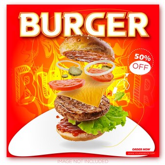 Modelo de banner de postagem de mídia social de restaurante de menu de comida e hambúrguer delicioso