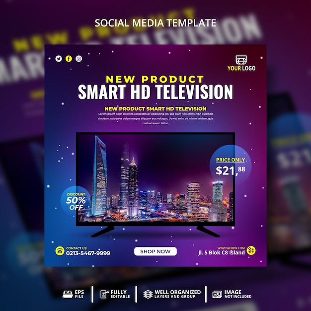Modelo de banner de postagem de mídia social eletrônica inteligente de televisão hd e produto