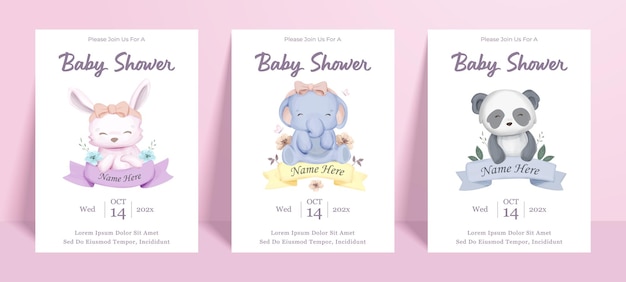 Modelo de banner de pôster de chá de bebê com personagem de animal bebê