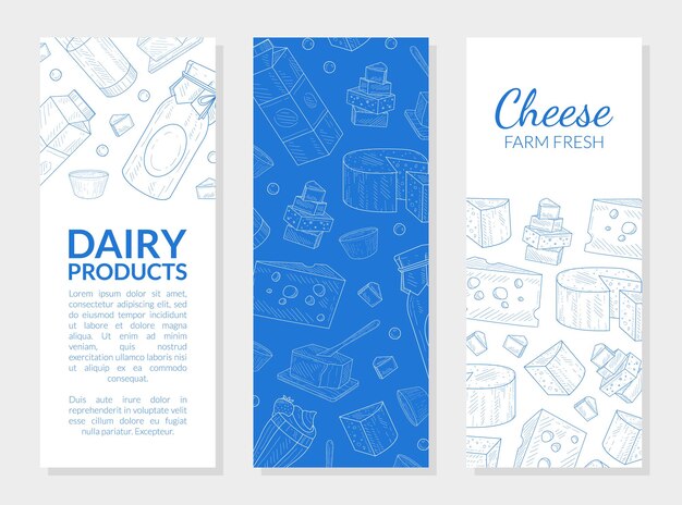 Modelo de banner de produtos lácteos com modelo sem costura de queijo fresco de fazenda ilustração vetorial desenhada à mão
