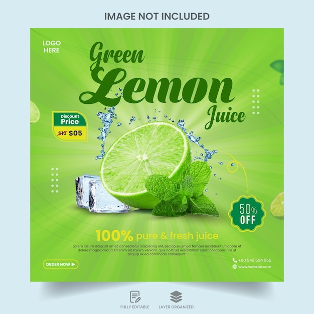 Vetor modelo de banner de promoção de postagem de mídia social de suco de limão verde