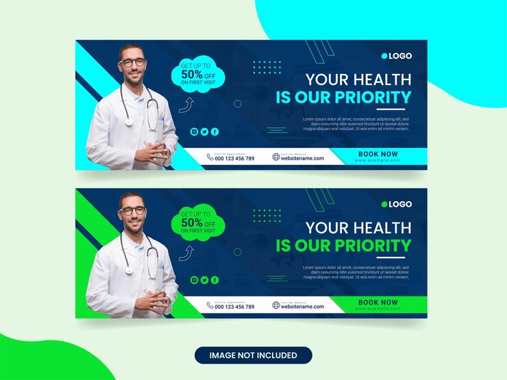 Vetor modelo de banner de promoção de saúde médica ou hospitalar