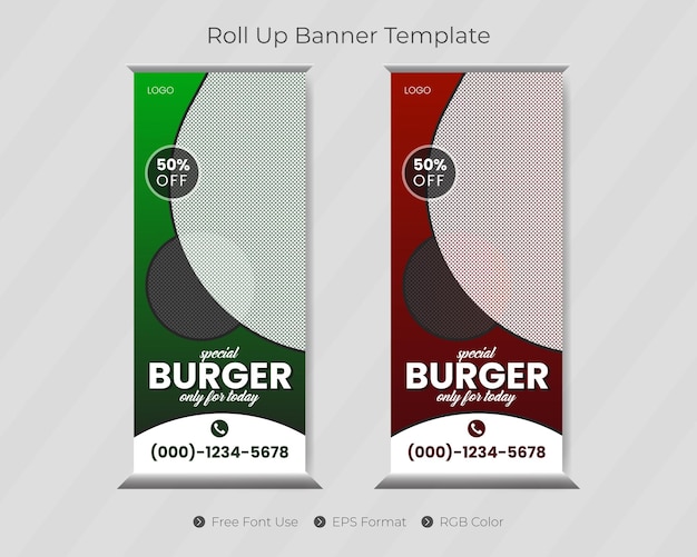 Modelo de banner de rolo de comida com design de capa de restaurante para negócios