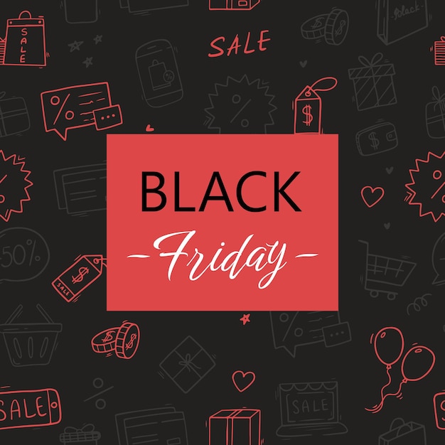 Vetor modelo de banner de sexta-feira preta com letras e elementos de doodle banner de venda de sexta-feira preta social