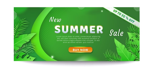 Modelo de banner de venda de verão com folhas tropicais gradientes