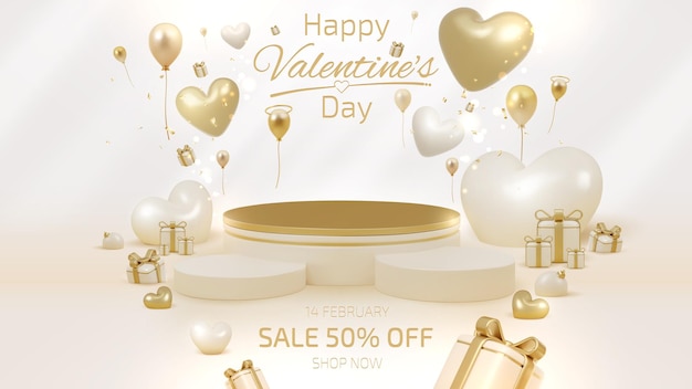 Modelo de banner de venda do dia dos namorados com elementos de forma de coração 3d e pódio para exibição de produtos e decorações de efeito de luz e conceito de fundo de luxo bokeh ilustração vetorial