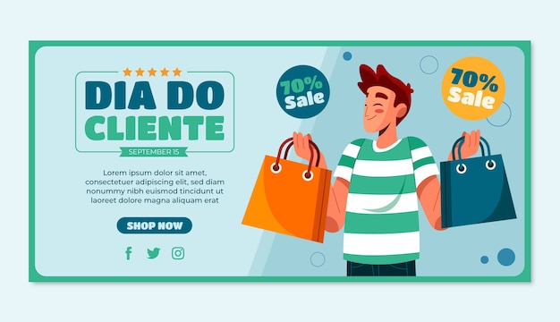 Modelo de banner de venda horizontal de dia plano do cliente