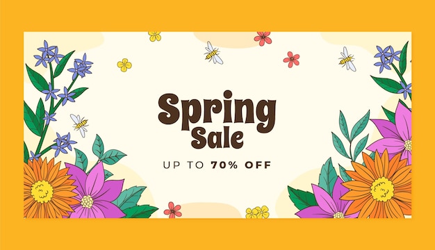 Vetor modelo de banner de venda horizontal floral de primavera desenhado à mão
