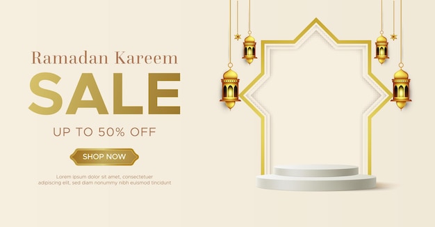 Modelo de banner de venda ramadan kareem realista com pódio 3d