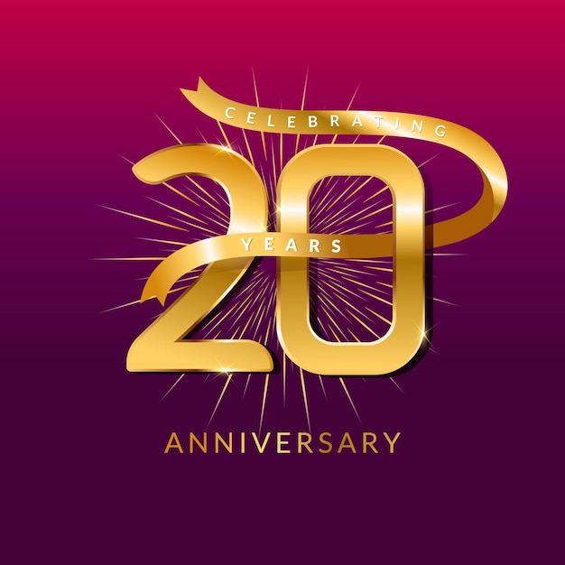 Modelo de banner de vetor de aniversário de 20 anos. Banner de comemoração de aniversário com números dourados